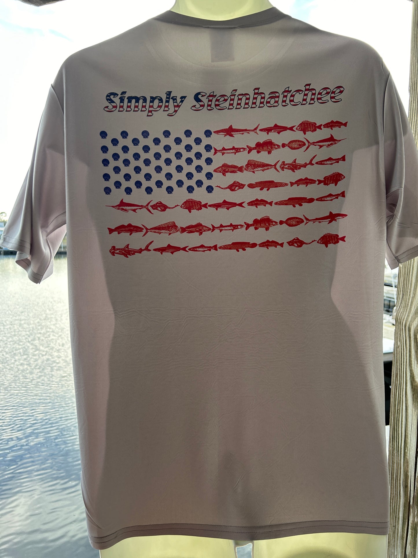 “Simply, Steinhatchee” scallop, and fish American flag short sleeve