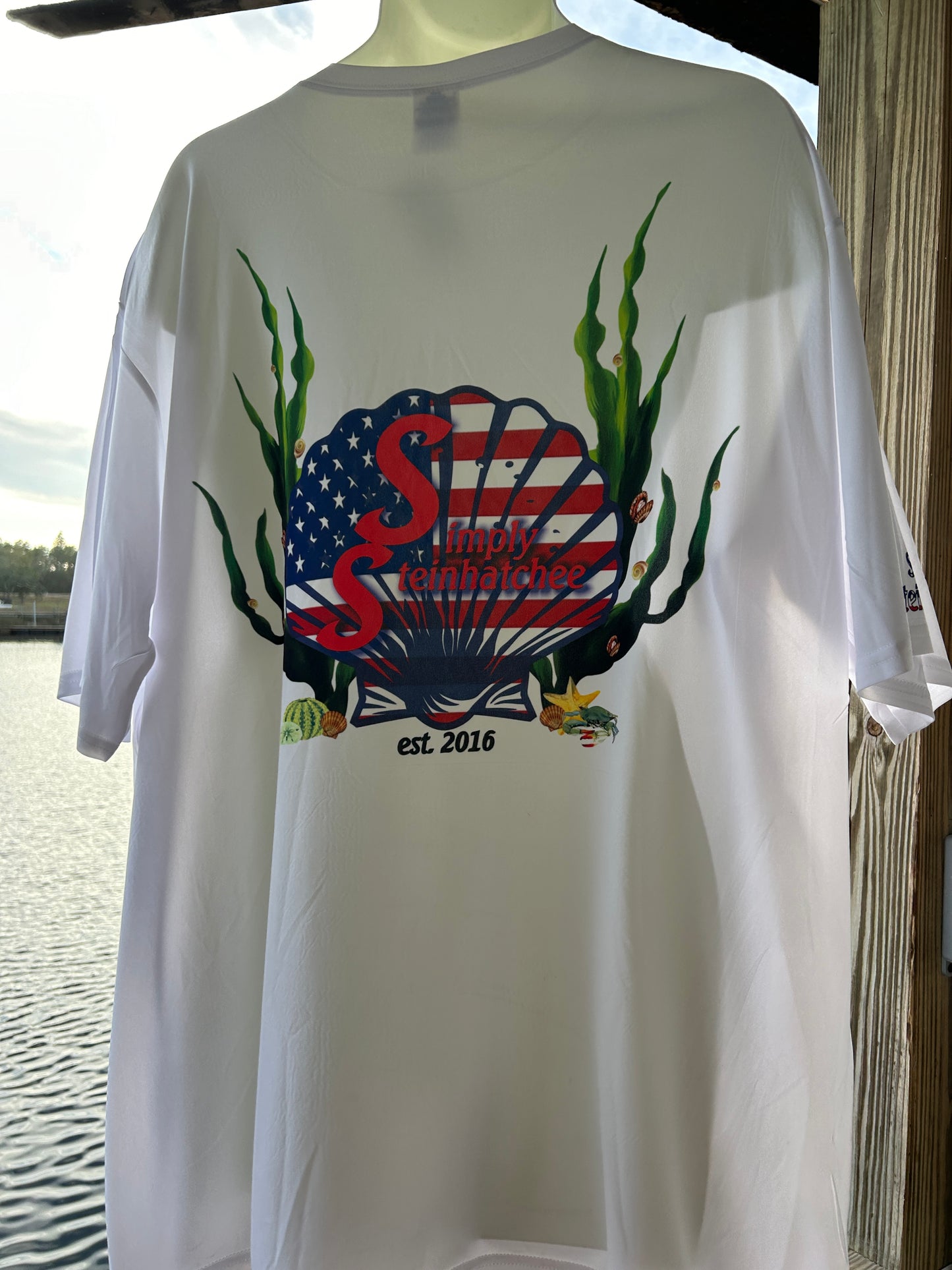 Port & Company Performance “Simply Steinhatchee” scallop American flag t-shirt